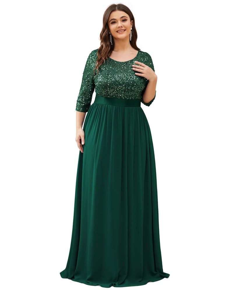 Front of a model wearing a size 18 3/4 Sleeves Round Neck Evening Dress With Sequin Bodice in Dark Green by Ever-Pretty. | dia_product_style_image_id:287281